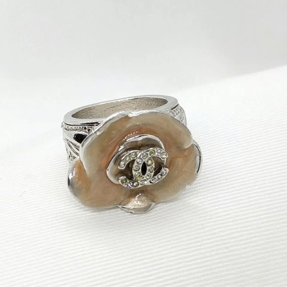 CHANEL Ring Camellia Flower Rhinestone CC Logo RingSize 7